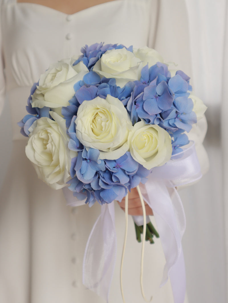 Indulge In The Beauty Of Blue Hydrangea With White Rose Bridal Bouquet -  Give The Gift Of Beauty | White Dew Flower