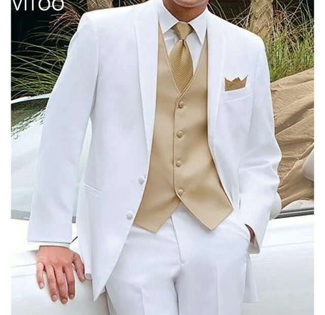 3 Piece White Groom Tuxedo Wedding Custom Boyfriend Men'S Suit Set Jacket  Gold Vest With Pants Formal Occasion Fashion Clothing - Aliexpress Men'S  Clothing