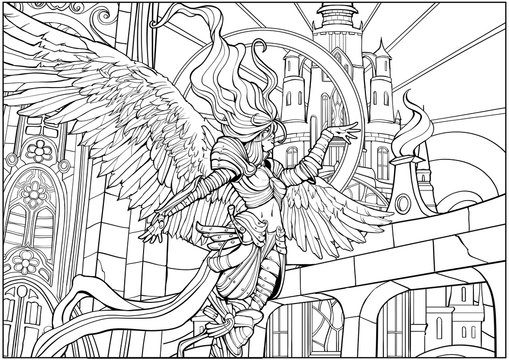 Coloring Page For Adults Lovely Angel Woman On The Background Of A Huge  Castle Stock Illustration | Adobe Stock