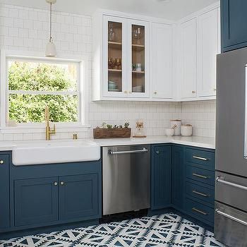 White Upper Cabinets And Dark Blue Lower Cabinets | White Upper Cabinets,  Kitchen Cabinet Design, Hague Blue Kitchen