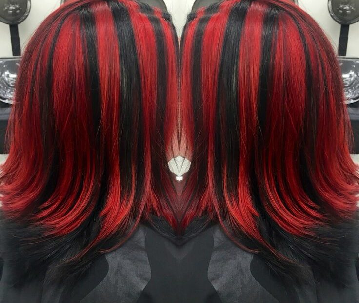 Red And Black Chunky Highlights | Red Hair Inspo, Hair Streaks, Hair Color  Streaks