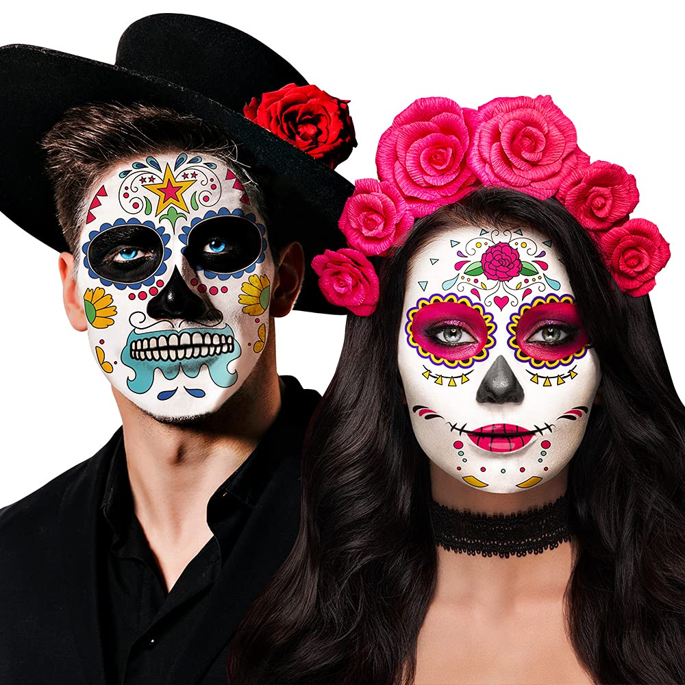 Amazon.Com : Day Of The Dead Face Skeleton Tattoos/Dia De Los Muertos,  Halloween Temporary Sugar Skull Costume Makeup Tattoos For Women/Men/Adults,  10 Sheets Floral Rose Party Costume Stickers Decor Match Catrina :