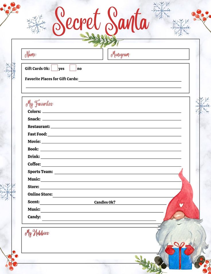 Free Secret Santa List Printable Questionnaire: 2 Options! | Secret Santa, Secret  Santa List, Secret Santa Questionnaire