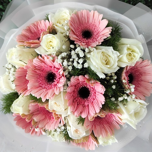 White Roses, Pink Gerbera Hand Bouquet Delivery. Whole Malaysia Delivery