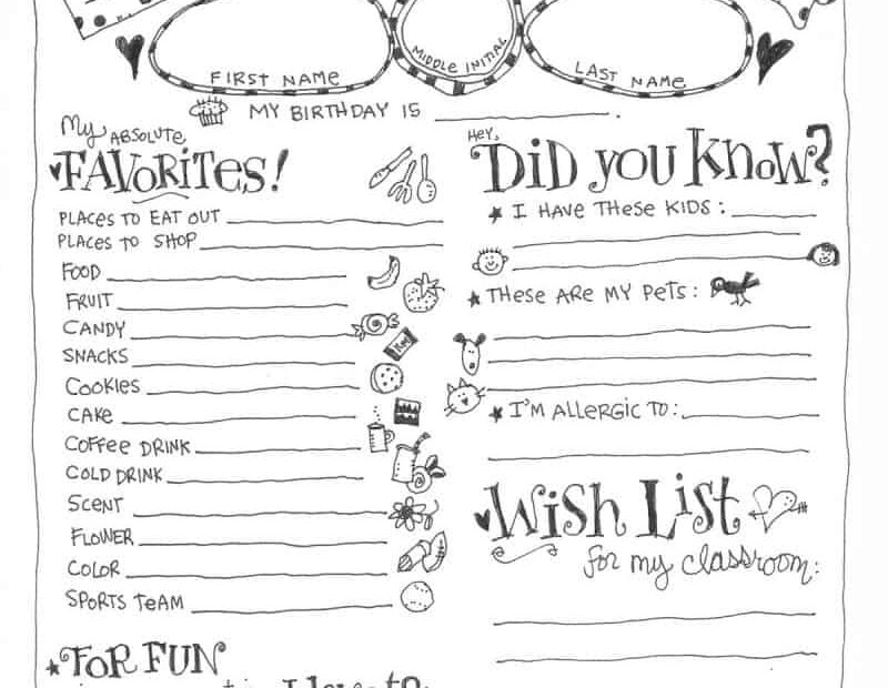 Teacher Favorite Things Questionnaire Printable | Skip To My Lou