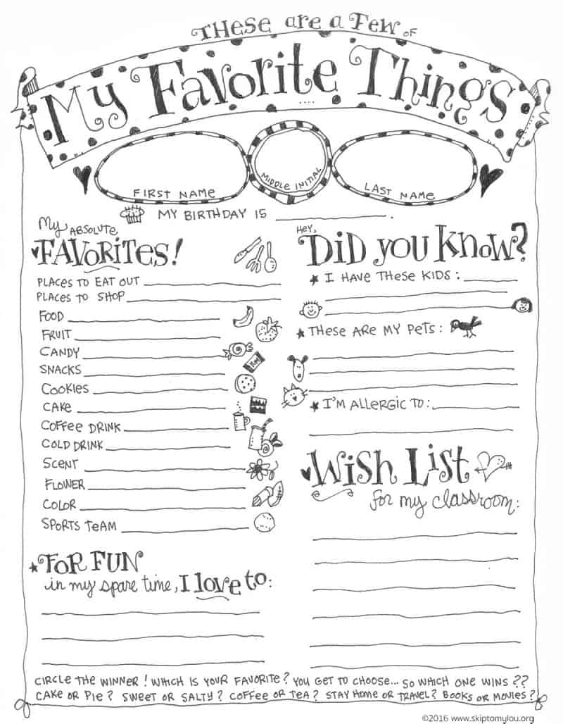 Teacher Favorite Things Questionnaire Printable | Skip To My Lou