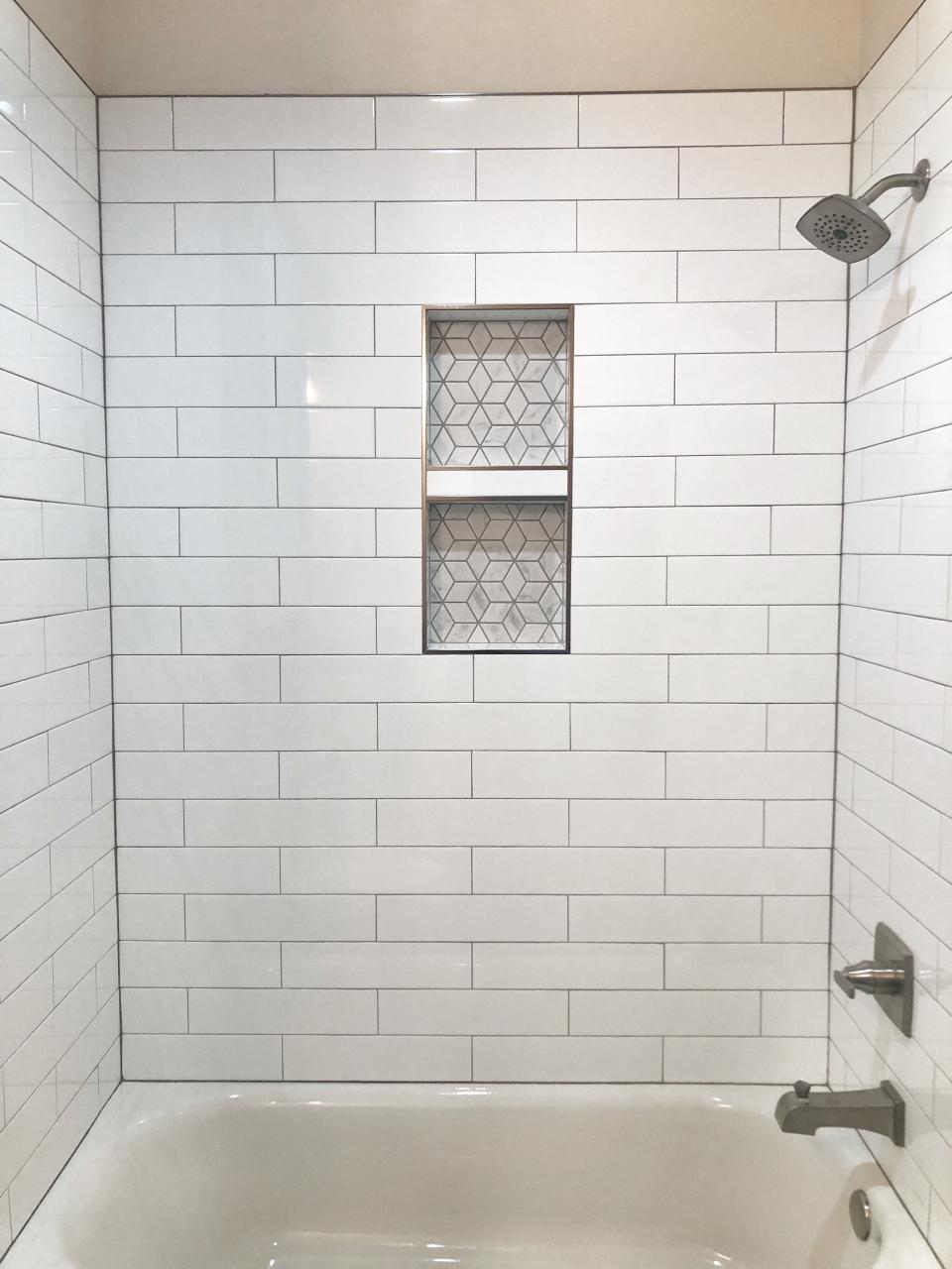 White Subway Tile With Gray Grout. Shower Niche. | Bathroom Remodel Shower, Tile  Shower Niche, Subway Tile Shower Niche