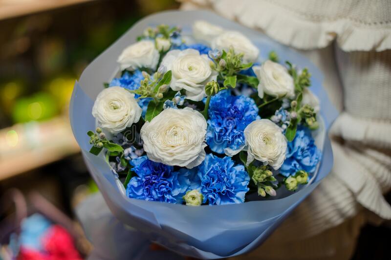 Close-Up Of Gorgeous Flower Bouquet Of White Roses And Bright Blue  Carnations Stock Image - Image Of Flora, Gorgeous: 203117701