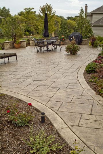 Stamped Concrete And Decorative Seat Wall - Butterfield Color® | Concrete  Backyard, Patio Landscaping, Stamped Concrete Patio Designs