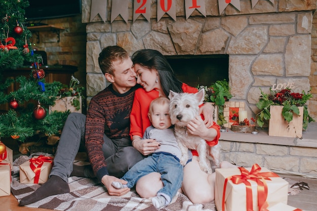 Free Photo | Family Sitting In Front Of The Fireplace With Their Baby And  Their Dog And A Christmas Tree