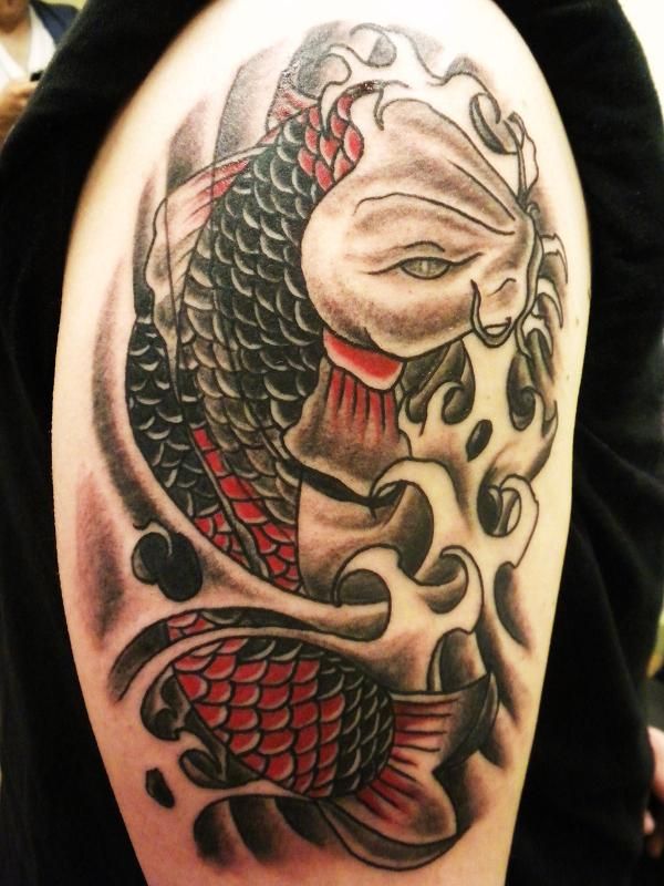Black N Grey Koi Fish Tattoo On Shoulder | Tattoobite.Com | Koi Fish Tattoo,  Black And Grey Tattoos, Koi Tattoo