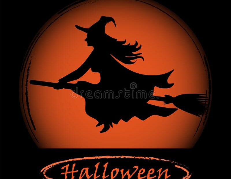 Silhouette Of A Witch On A Broom Against An Orange Circle And The  Inscription Halloween Stock Vector - Illustration Of Empty, October:  157759755