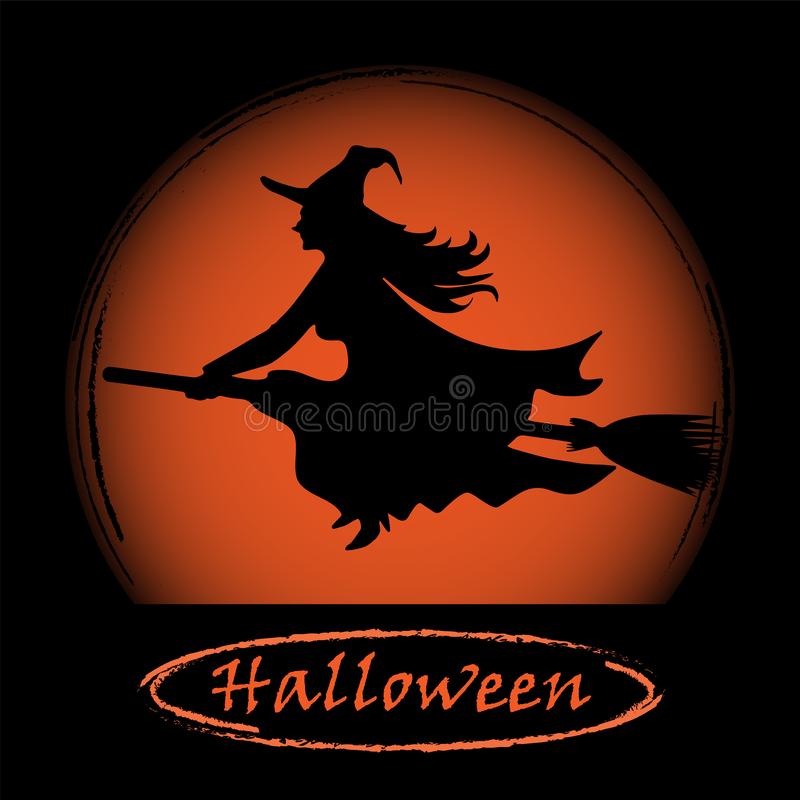 Silhouette Of A Witch On A Broom Against An Orange Circle And The  Inscription Halloween Stock Vector - Illustration Of Empty, October:  157759755