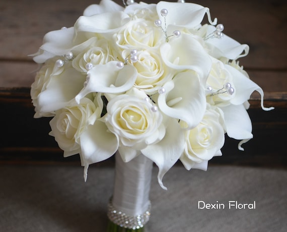 Ivory Bridal Bouquets Real Touch Roses Calla Lilies Wedding - Etsy