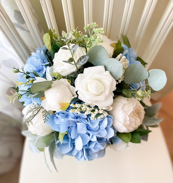 Boho Wedding Bouquet White Roses & Blue Hydrangea With - Etsy