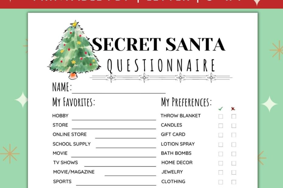 Printable Secret Santa Questionnaire For Christmas Gift - Etsy New Zealand