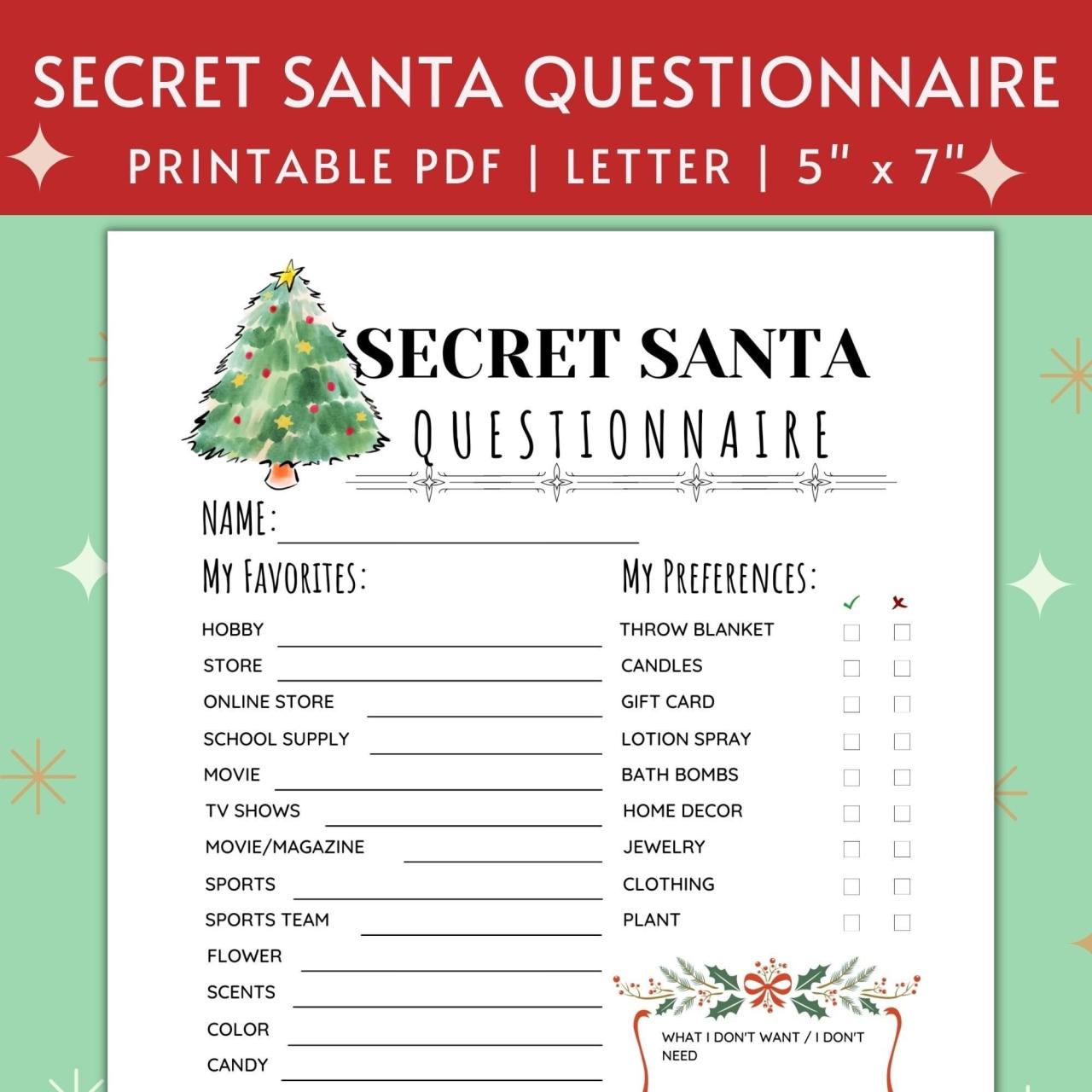Printable Secret Santa Questionnaire For Christmas Gift - Etsy New Zealand