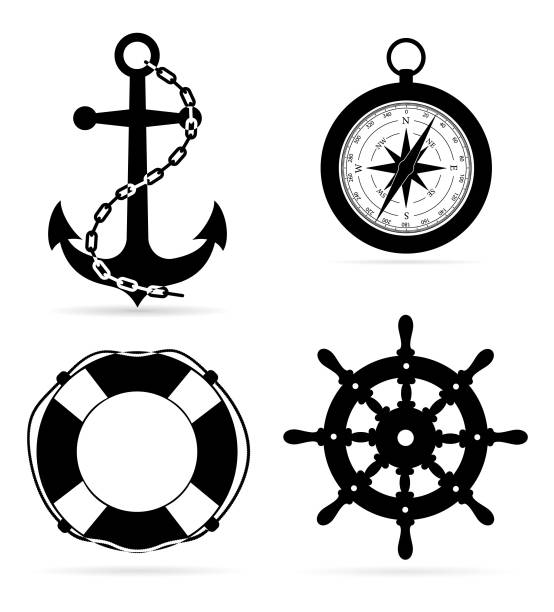 Marine Equipment Anchor Compass Lifebuoy Steering Black Outline Silhouette  Stock Vector Illustration Stock Illustration - Download Image Now - Istock