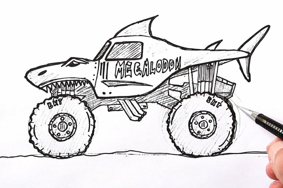 How To Draw A Monster Truck Megaladon | Shark Monster Truck Drawing -  Youtube
