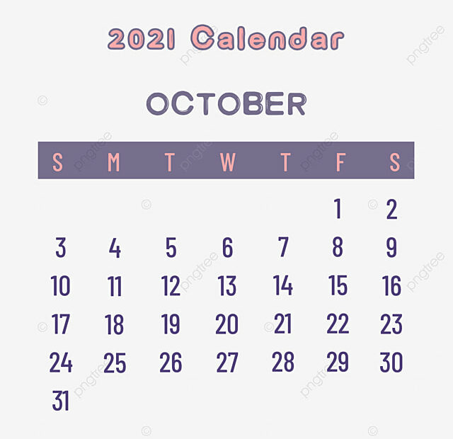 October Calendar Vector Png Images, October 2021 Calendar Full Colour,  October, 2021October, October2021Calendar Png Image For Free Download