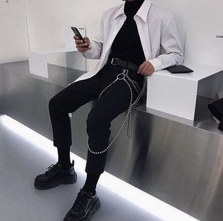 Black Turtleneck With White Long Sleeve Shirt Outfits For Men In Their 20S  (6 Ideas & Outfits) | Lookastic