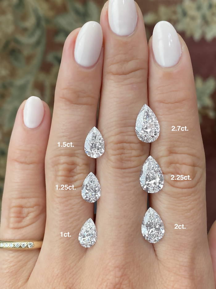 Pear Diamond Size Chart On Hand, Carats To Mm - Ken & Dana Design