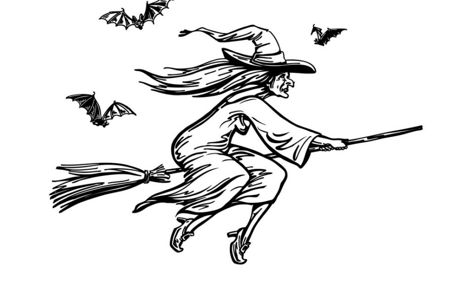 Witch Flying On Broomstick Halloween Sketch Vector Image