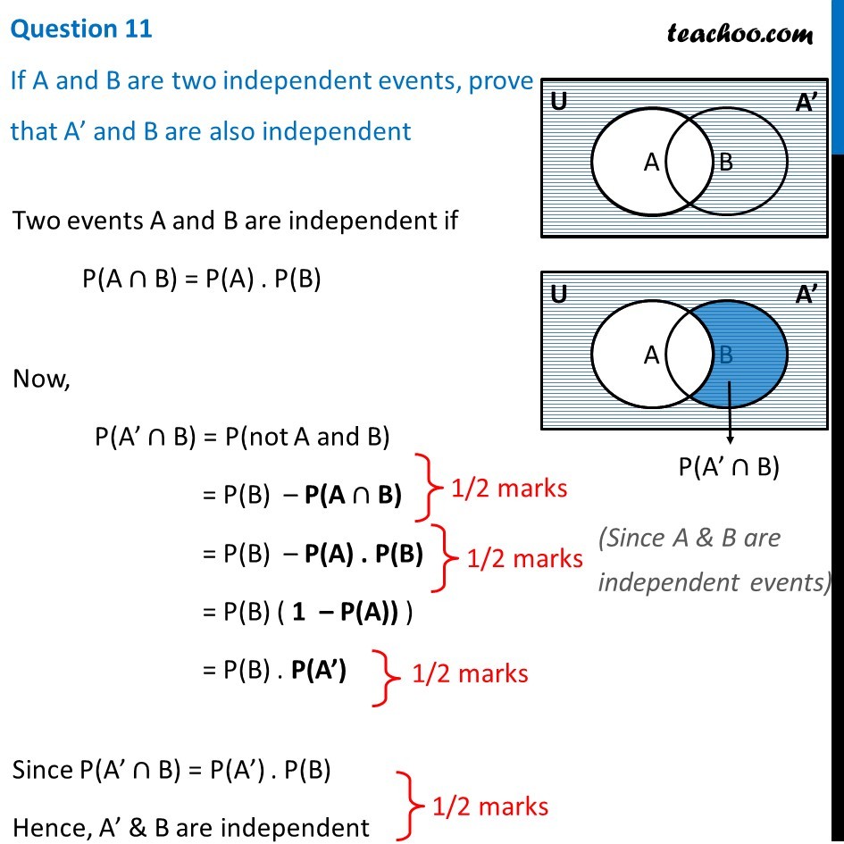 If A And B Are Two Independent Events, Prove That A' And B Independent